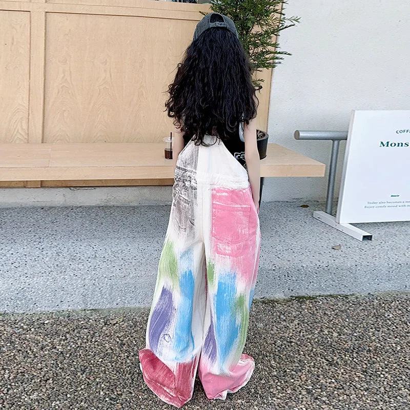 Child Stylish Denim Jumpsuit Dungarees with Drawings for Girl High Fashion Streetwear Suspender Overall Kids Colored Strap Jeans