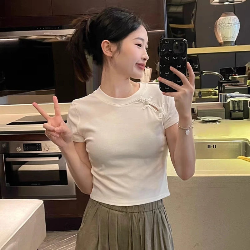 Chinese Style Summer T-shirts Women Crop Tops O-neck Gentle Buttons Soft Irregular Designed Short-sleeve Chic Pure College Retro