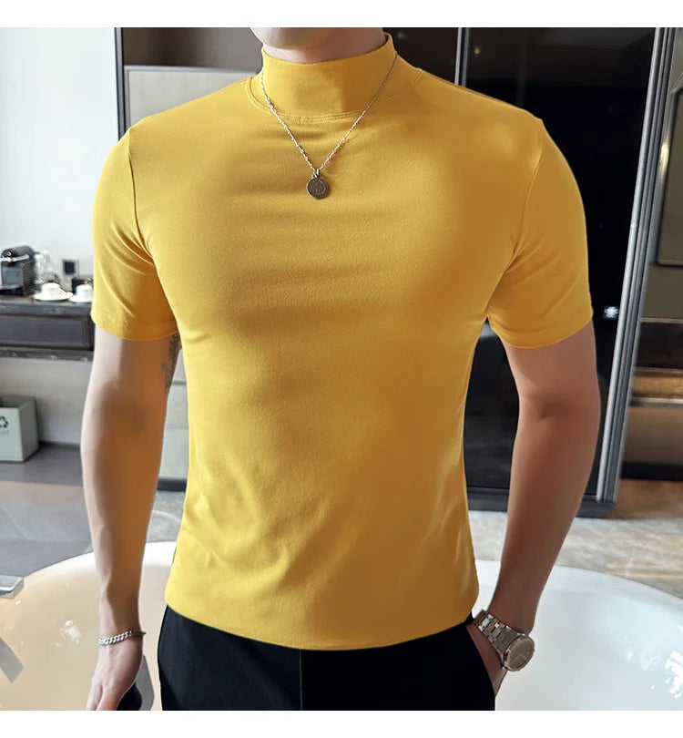 Spring Summer Men's Half High Neck Short Sleeve T-shirt Korean Slim Fit Solid Color Bottom Shirt Casual Cotton Elastic T-shirts