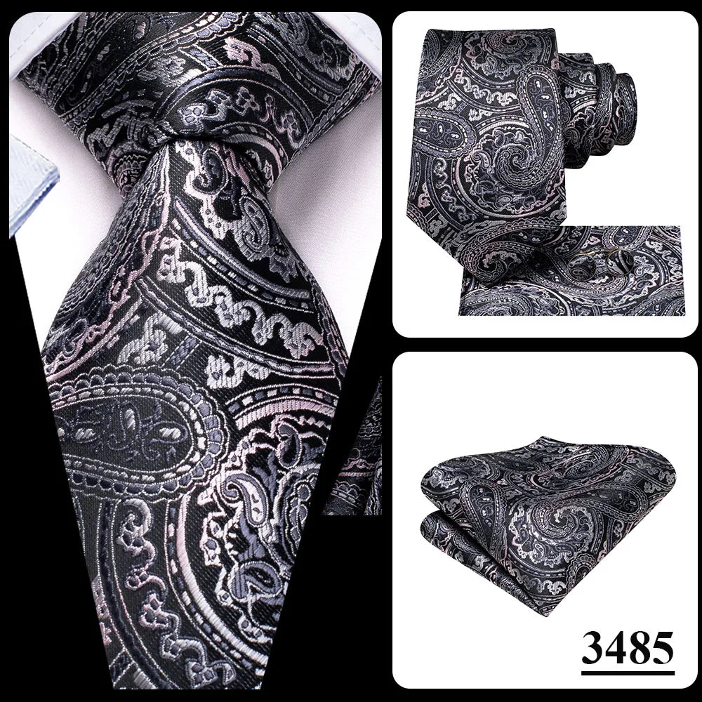 Hi-Tie White Grey Paisley 2026 New Mens Tie Hanky Cufflink Set Necktie For Men Wedding Party Business Men Tie Fashion Brand