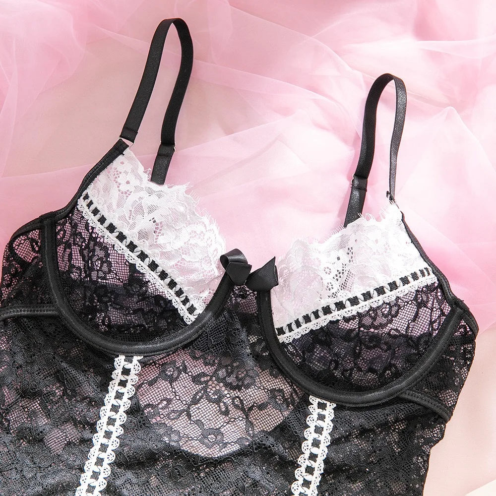 Sexy Crotchless Lingerie Women Hollow Sexiest Bodysuit Erotic Costumes Baby Doll Dress Elastic Porn Underwear Open Crotch Outfit