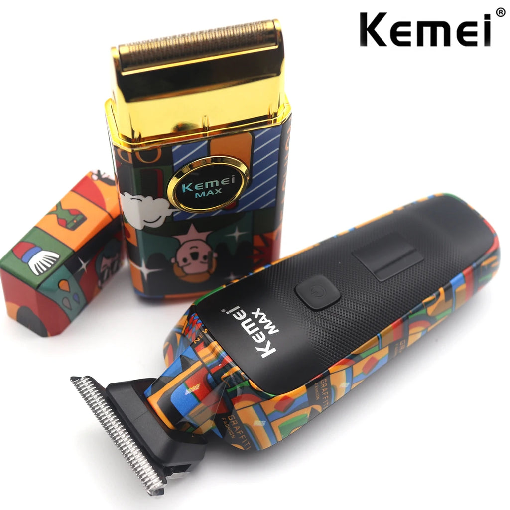 Kemei Professional Electric Hair Clipper Rechargeable Graffiti Pattern Beard Trimmer Men's Shaver KM-MAX5090 KM-RS7098