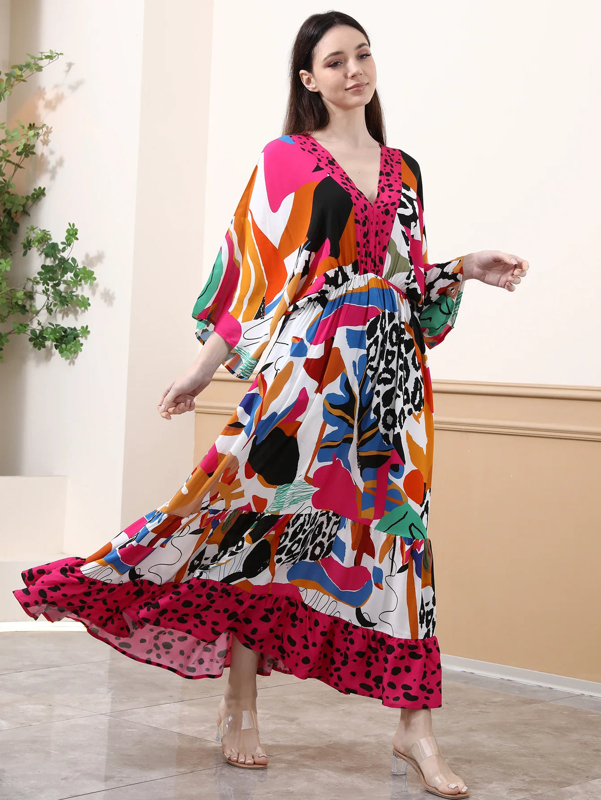 Bohemian Oversize Loose Elastic Waist Maxi Dresses Women Robe Cotton Rayon Floral Printed Long Dress Summer Boho Beach Cover up