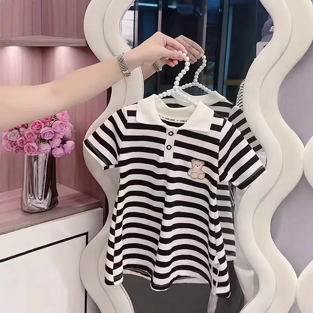 2025 New Children's Dress Girls' Summer Korean Edition Fashion Casual Striped Collar Short sleeved Dress1-10Y