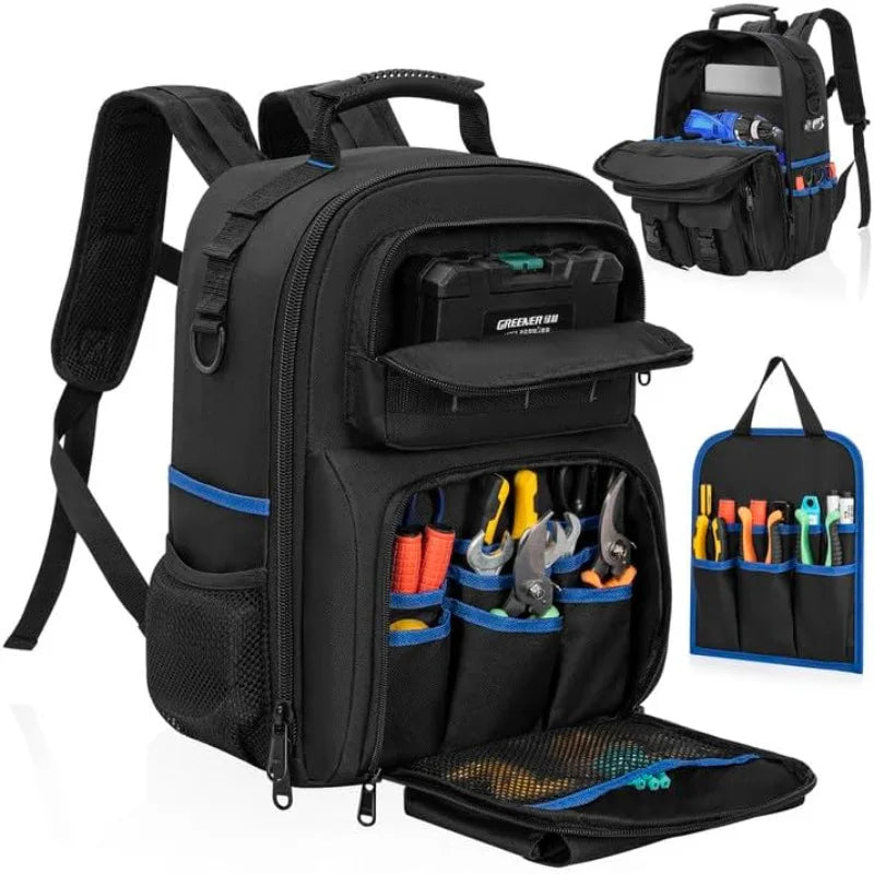 ‌Multifunctional Waterproof Tool Backpack with Padded Shoulder Straps Removable Organizer Pouch Electrician Plumber Work Bag