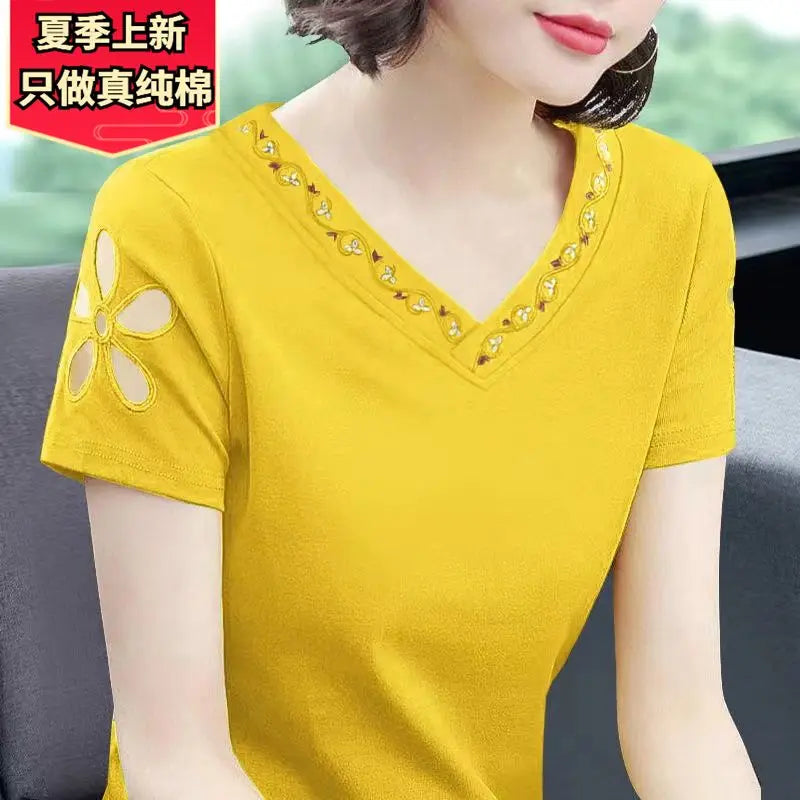 Simplicity Office Lady Summer New Pure Cotton Women's Solid V-Neck Embroidered Fashion Casual Loose Short Sleeve T-Shirts Tops