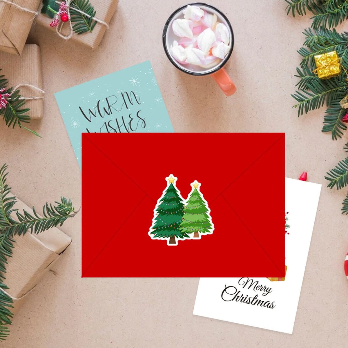 10pcs/1set Merry Christmas Fold Greeting Cards With Envelopes Navidad New Year Postcard Diy Gift Card Xmas Party Decoration