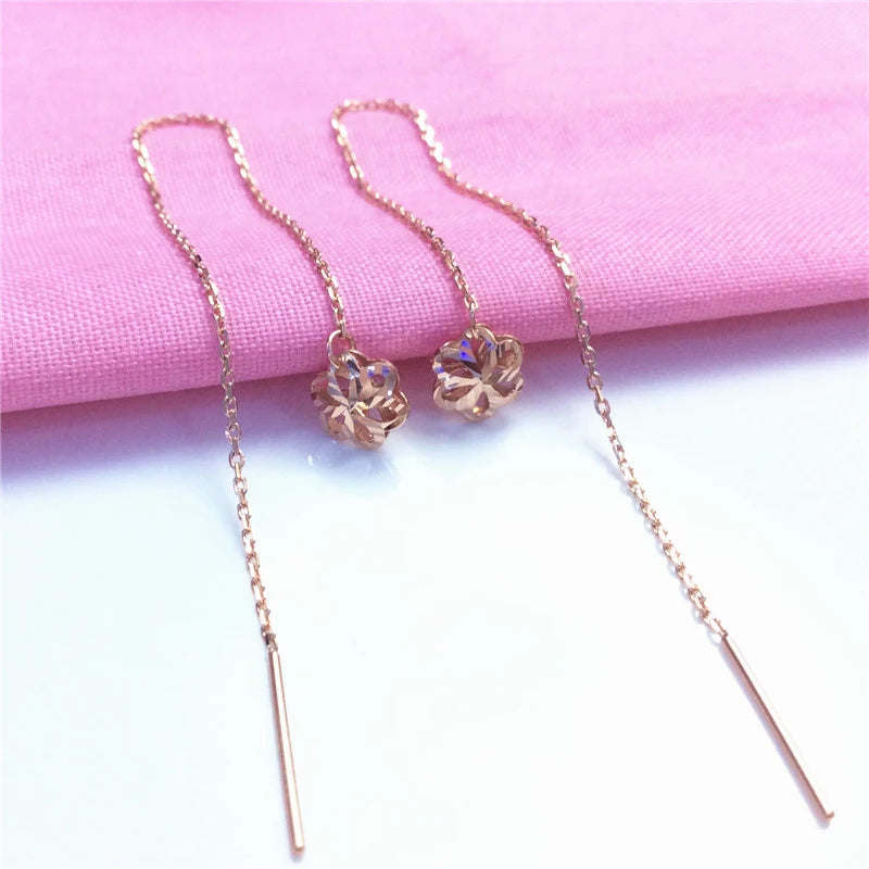 585 purple gold plated 14K rose gold hollow flower earrings for women classic light luxury Ear line party jewelry gift