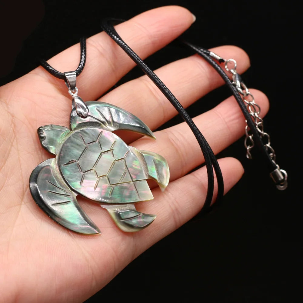 Natural Sea Turtle Shape Black Shell Necklace Pendants Charms Jewelry for Women Party Gift Size 50x48mm Length 55cm