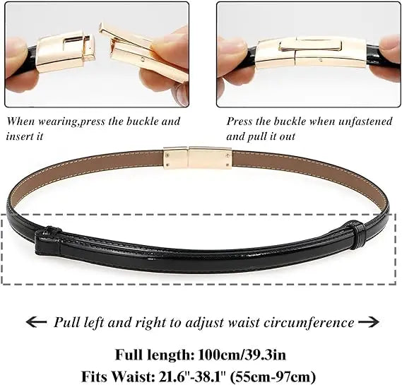 Women Skinny Genuine Leather Slim Belt Adjustable Alloy Buckle Waist Belt for Dress