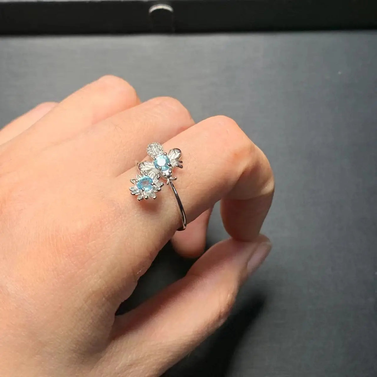 Anillo ajustable de topacio azul natural MM para mujer, joyería de regalo, venta al por mayor, de alta calidad, vintage, fino