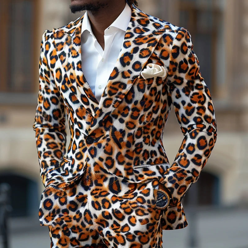 Casual Long Sleeve Animal Jacket & Pant Two-piece Men's Classic Leopard Color Print Suit Carnival Ball Suits Party Customized