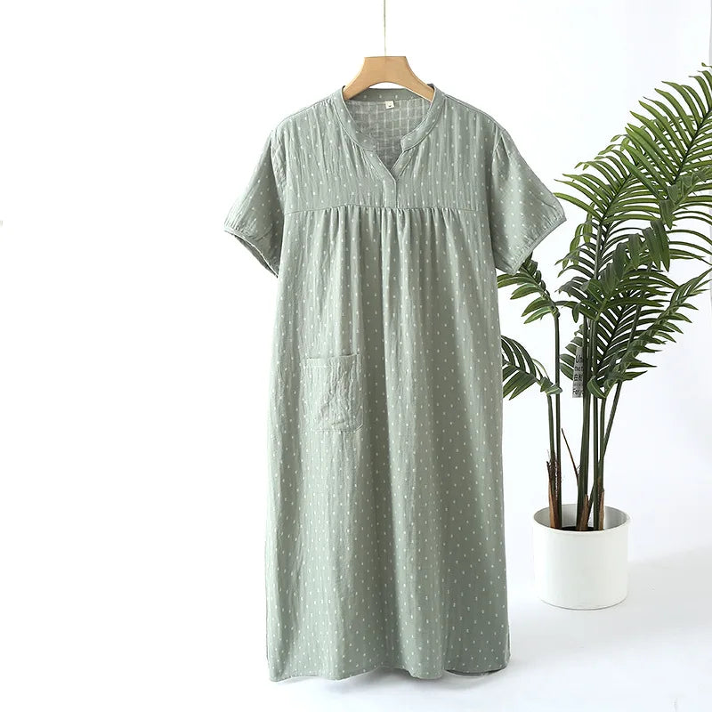 Summer Simple Cotton Double Gauze Women's Nightdress Thin Short-sleeved Home Nightgowns V-Neck Sexy Sleepwear Long Pajama Skirt