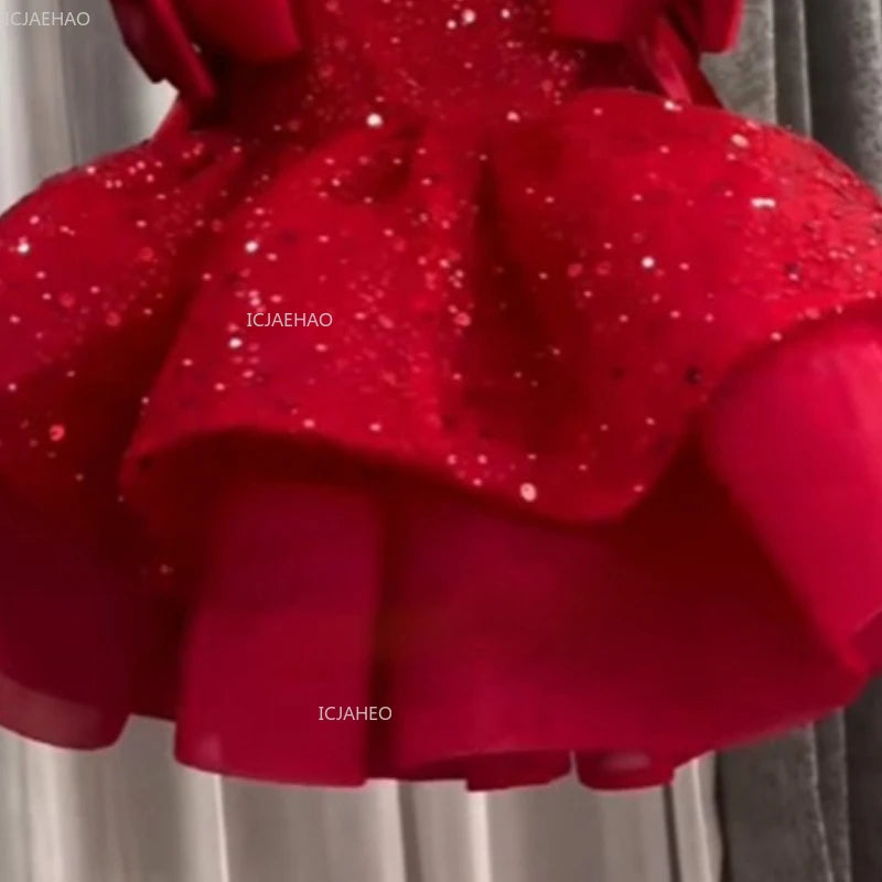 New Children Girls Red Sequin Party Dress Puffy Tulle Princess Gown for Kids Birthday Christmas Celebration Pageant Formal Wear