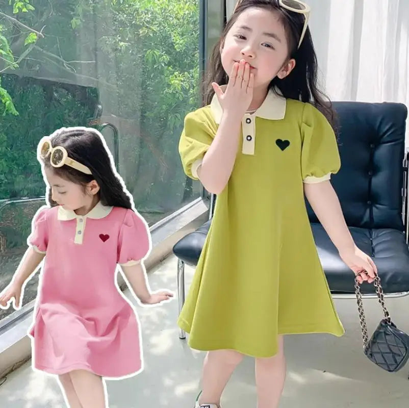 2025 New Children's Dress Girls' Summer Korean Edition Fashion Casual Striped Collar Short sleeved Dress1-10Y