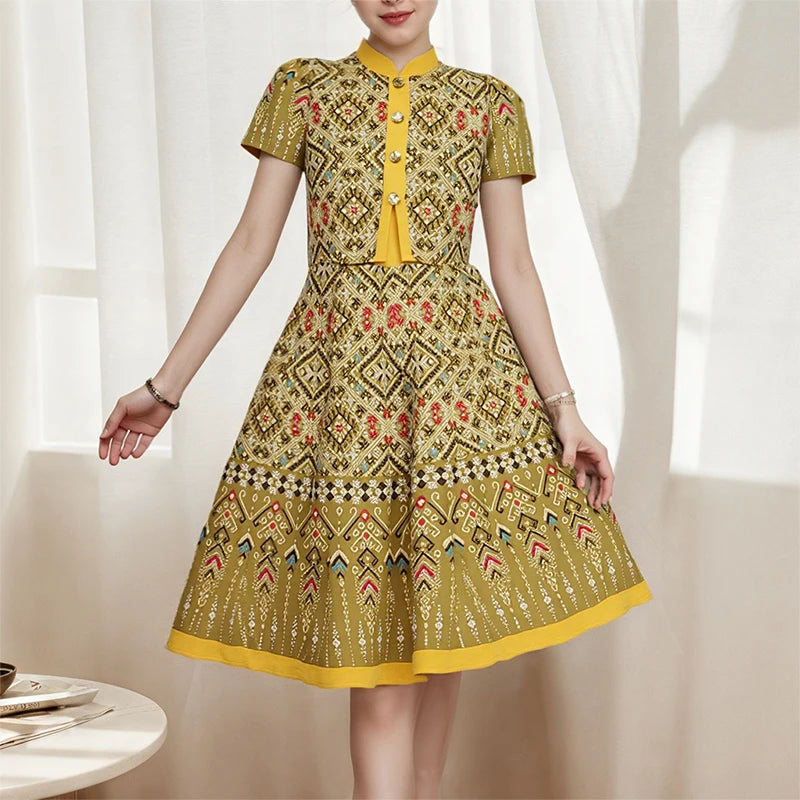 ZANZEA Vintage Geometric Print A-Line Dress Women Fake Two-Piece Stand Collar Short Sleeve Knee-Length Robes Holiday Vestidos
