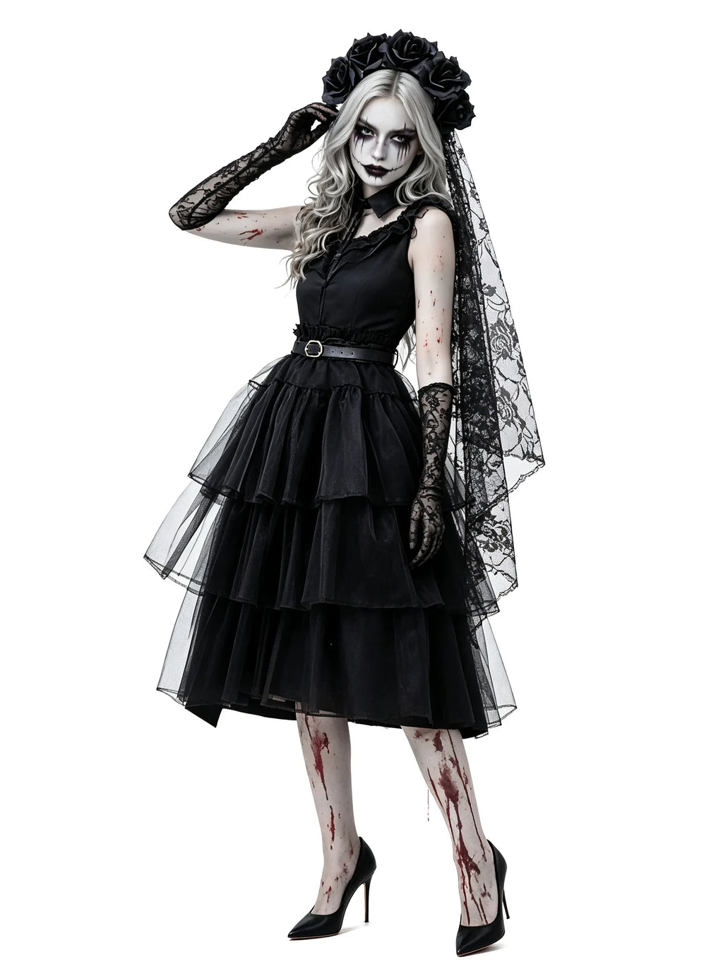 Halloween Zombie Costume Black Lace Ghost Bride Dress Scary Gothic Corpse Bride Outfit for Carnival Party Cosplay