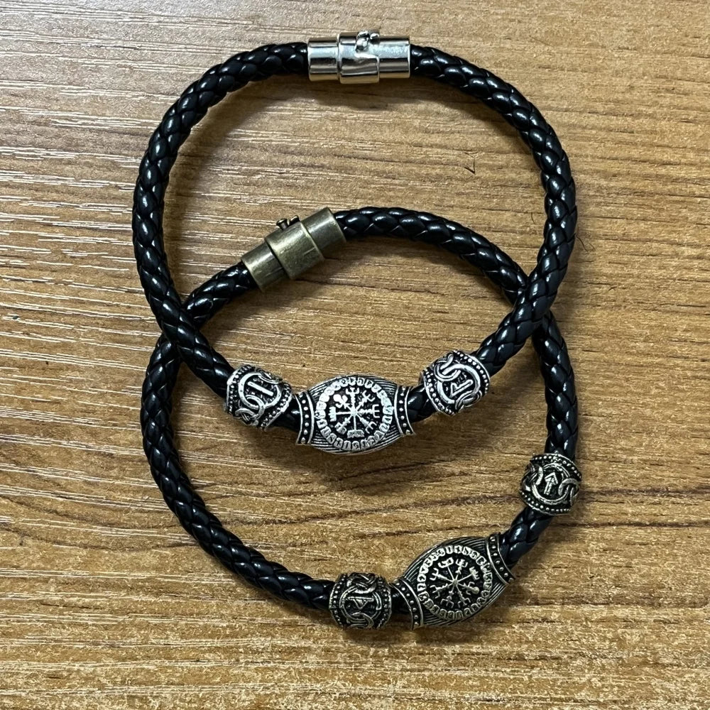 Norse Runes Beads Viking Leather Magnetic Bracelet For Men Women Accessories