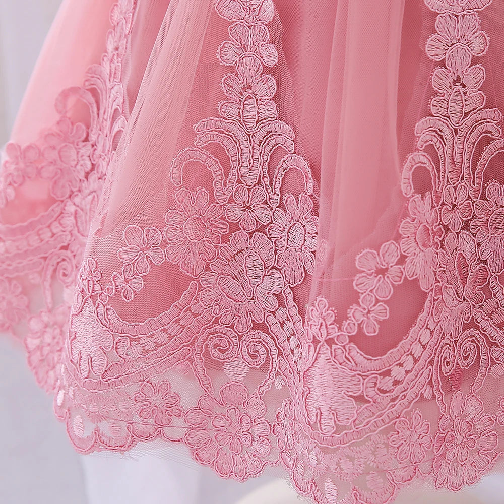 Toddler Bow Baby Dress For Girls Beading Tulle Princess 1st Birthday Embroidery Kids Party Dresses for Girl Pink Baptism Costume