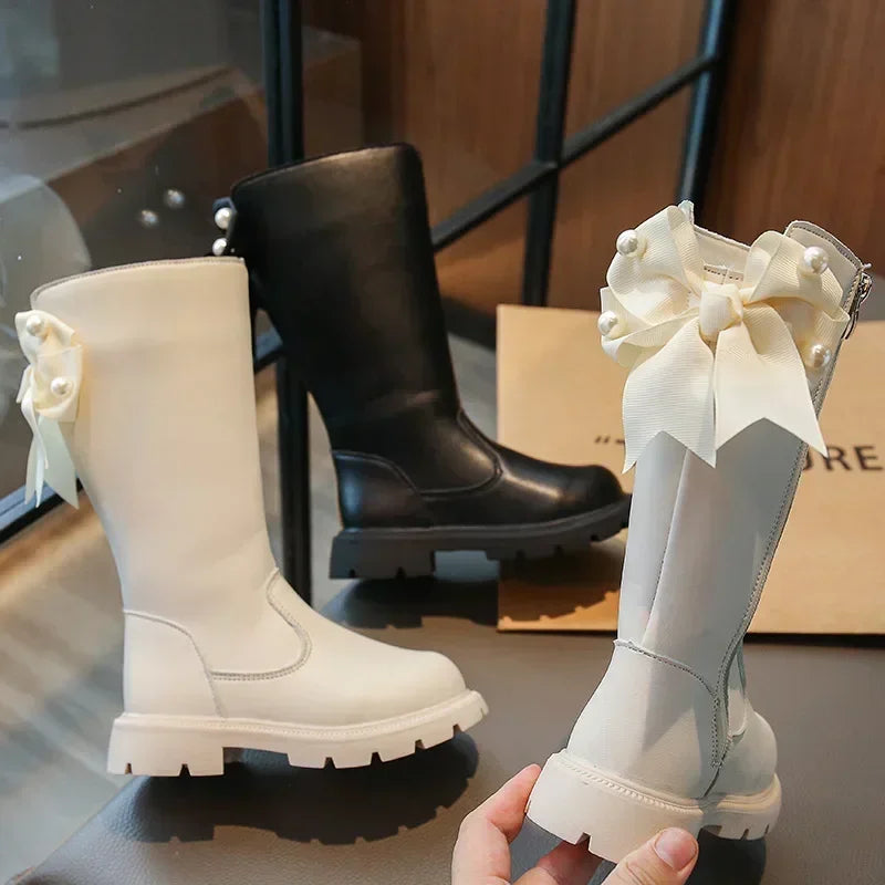Knee Length Boots Children Shoes New 2024 Autumn Winter Fashion High Top Student Shoes Girls Princess Shoes with Bow Kids Boots