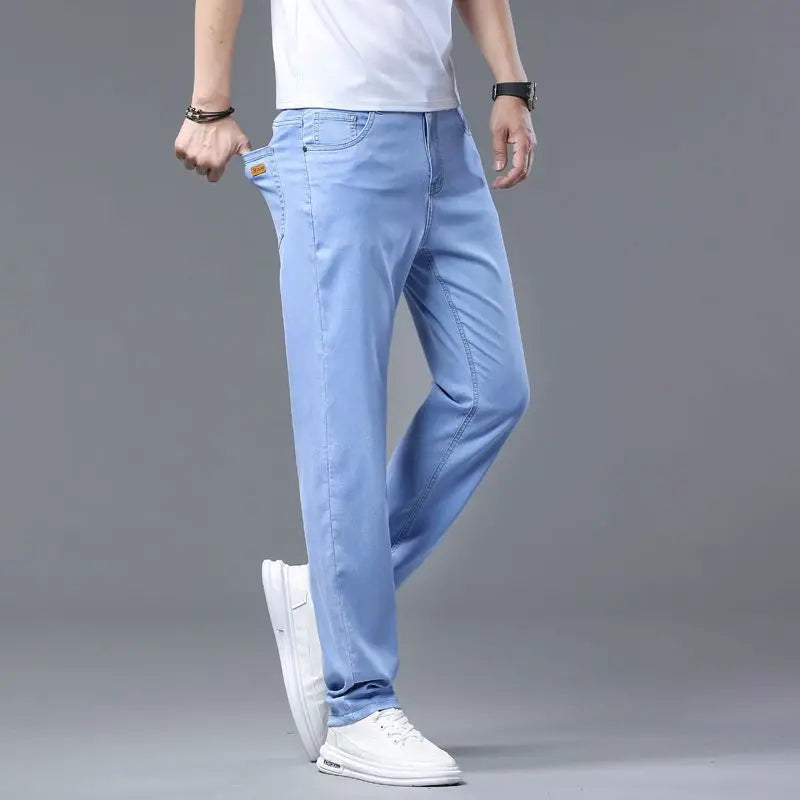 2025 Summer New Men's Light Blue Slim Stretch Jeans Lyocell Thin Style Fashion Casual Ice silk Denim Pants Male Brand Trousers