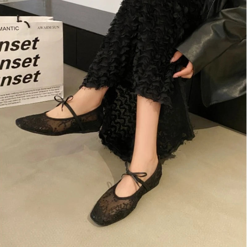 Mesh lace inner heightening women's shoes 2025 summer new sexy square head shallow breathable ballet shoes bow flat shoes