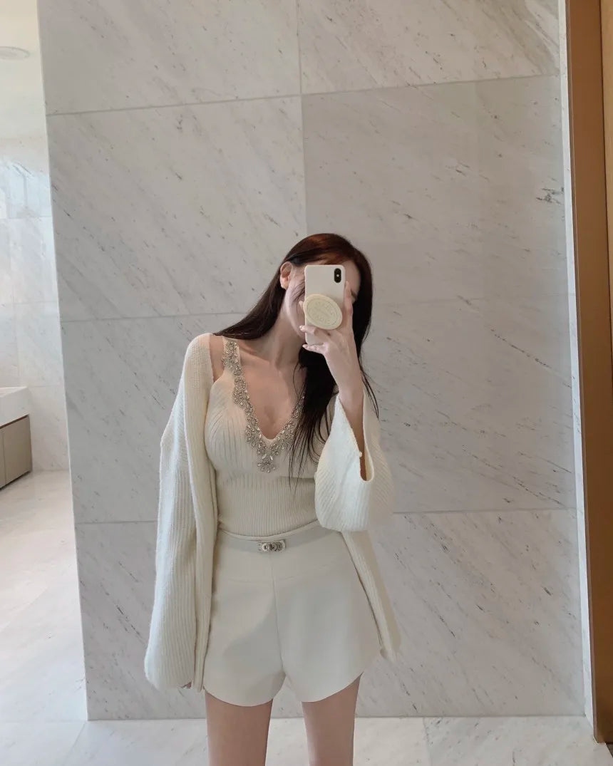 Korean Sle Sexy Sequin Strap Vest Women's Inner Knitted Cardigan Coat Autumn Two-Piece Set Faionable Top And Bot Ensemble