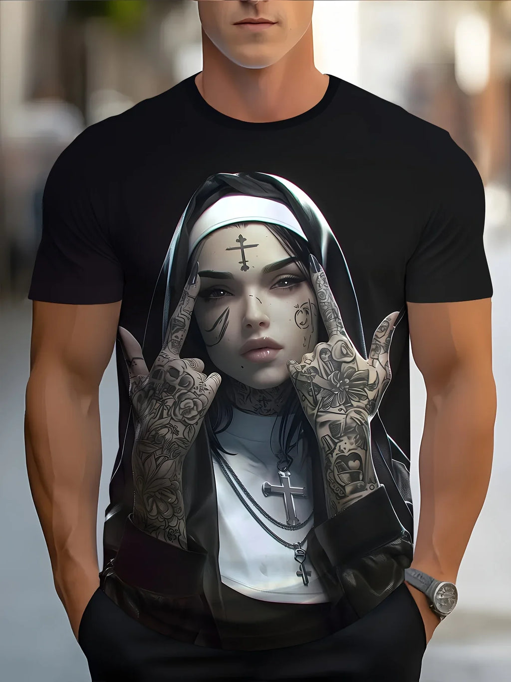 2025 Summer T-shirt Tattoo Nun Men's 3D Pattern T-shirt Casual Round Neck Short Sleeve Gothic Style Comfortable Lightweight Top
