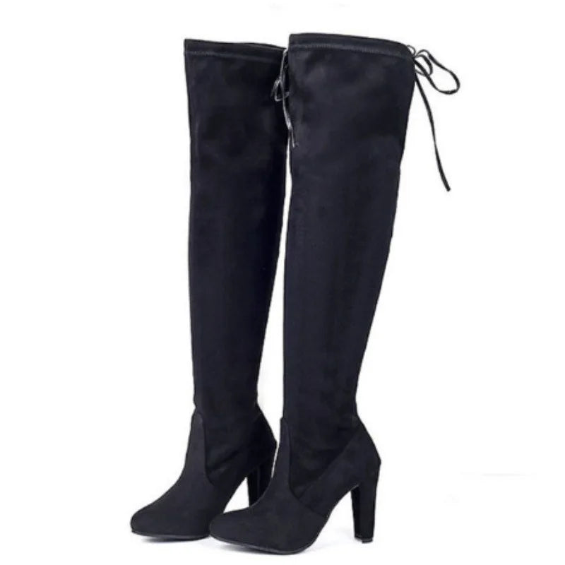 Suede Female Heels Autumn/ winter Zipper Elastic Knee-high Boots for Women Tube Lace-up Thigh Boots Black Botas
