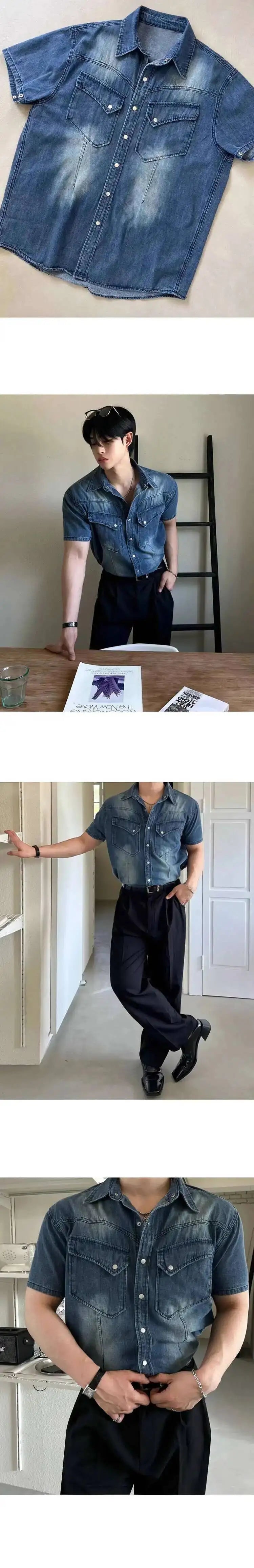 IEFB Niche Design Men's Denim Shirts Turn-down Collar Single Breasted Washing Solid Color Short Sleeved Loose Male Tops 9W2513
