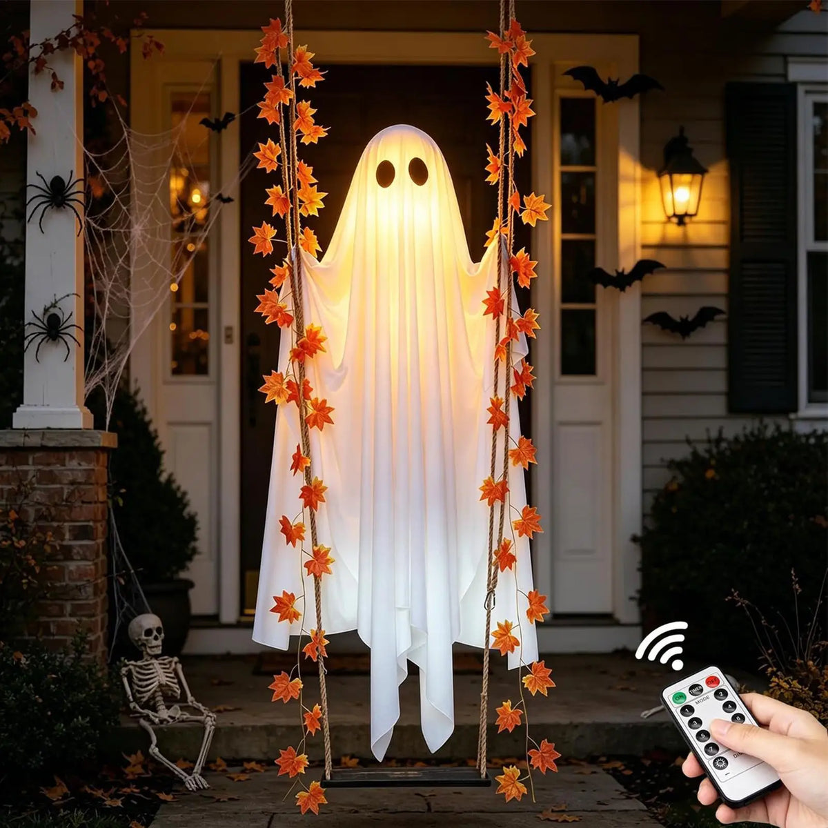 Halloween Swing Ghost Decoration Outdoor Hanging Ghost With LED String Lights Cute Large Ghost Swing Ornament For Garden Yard