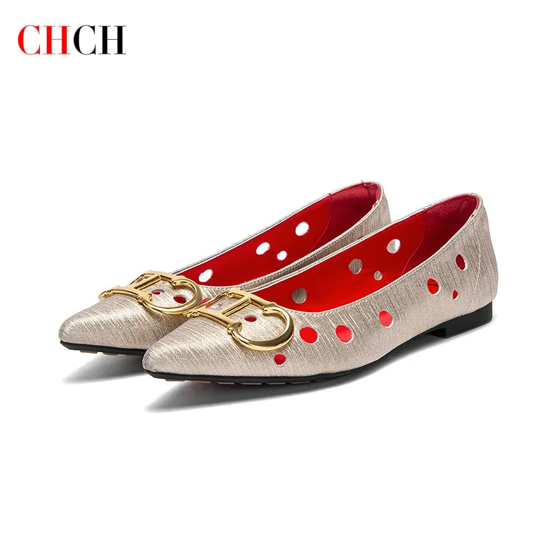 CHCH Women's Flat Shoes 2025 New Punching Design Pointed Women's Shoes Simple Anti slip