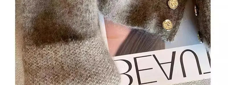 Grey Vintage Sweater Cardigans For Women Autumn New High Collar Double Breasted Knitted Coats Simple Elegant Female Knitwear Top