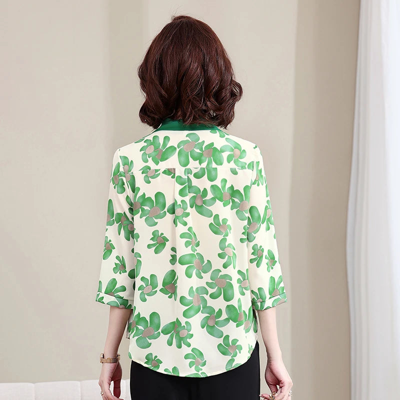 Fashion Printed Spring and Autumn shawl collar Women's Fashion Floral Checked Mid Sleeved Loose Chiffon Tops