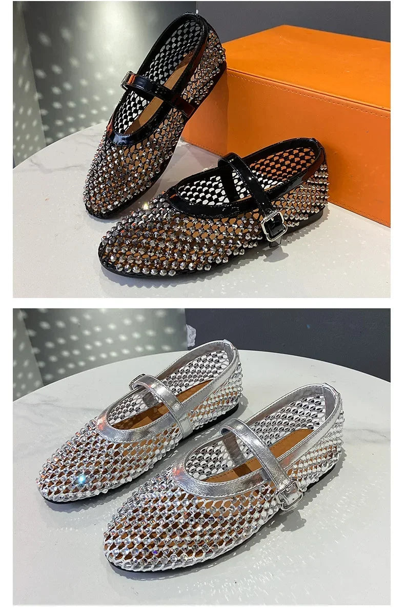 Luxury Crystal Rhinestone Fishnet Ballet Flats Woman Brand Design Rivet Mesh Mary Jane Shoes Ladies Summer Loafers Plus Size 42