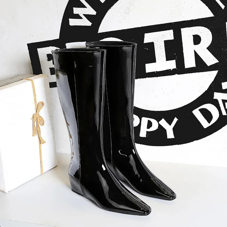 BIGTREE New Black Wedge Heels Women Modern Boots Female Shoes 2025 Fashion Luxury Pointed Toe Ladies Long Knee Western Boots