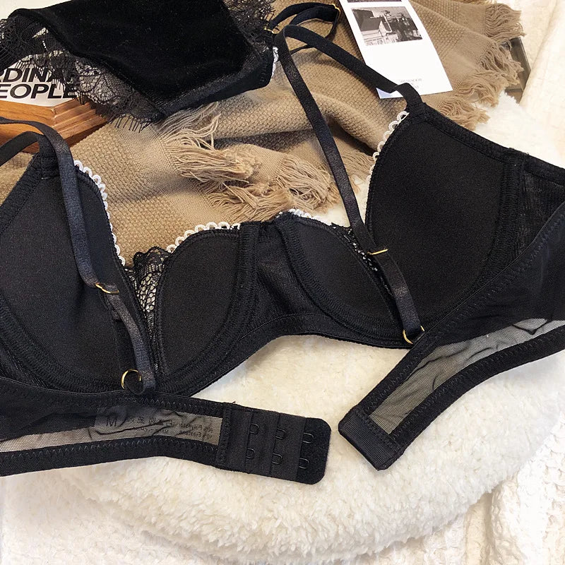 2022 New Velvet Women Sexy Underwear Set Thin Cotton Lingerie Translucent Push Up Adjustable Bra Panty Lace Black Intimates