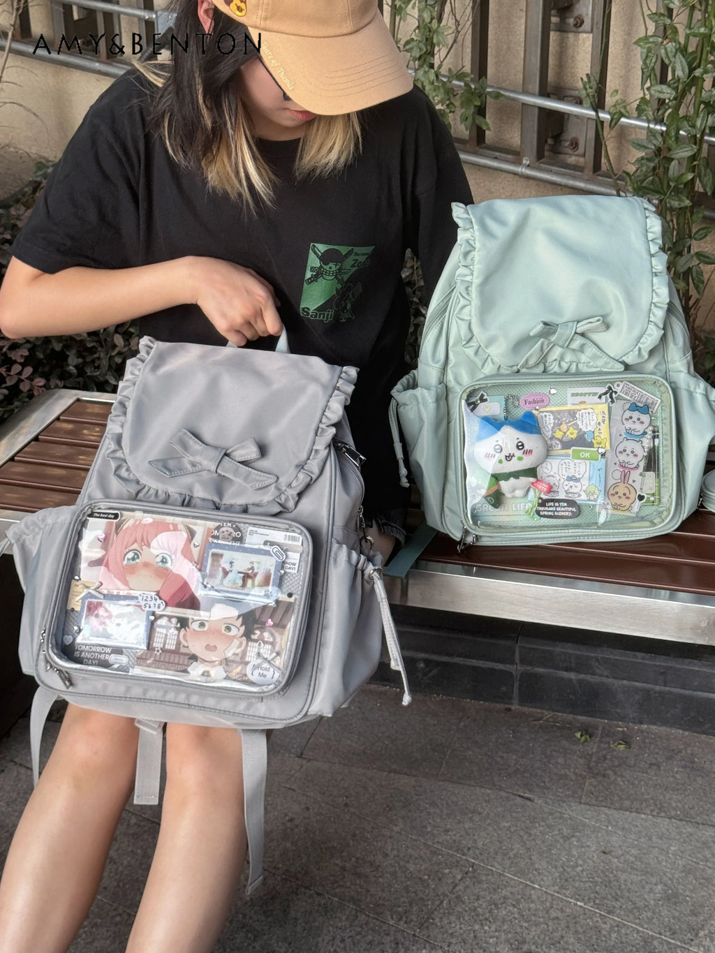 Original Two-dimensional Cute Transparent Large-capacity Backpack Women Sweet Bow Rabbit Ears Bags Preppy Style Kawaii Backpacks