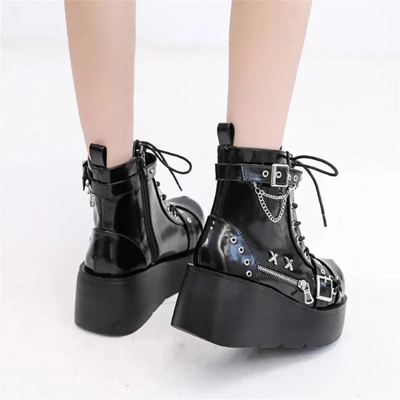 Platform Wedges Women Ankle Boots Autumn Winter Gothic Street Comfy Fashion Cool Woman Shoes Motorcycle Boots Big Size 43