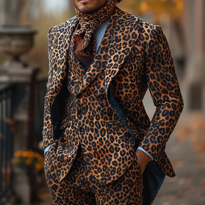 Casual Long Sleeve Animal Jacket & Pant Two-piece Men's Classic Leopard Color Print Suit Carnival Ball Suits Party Customized