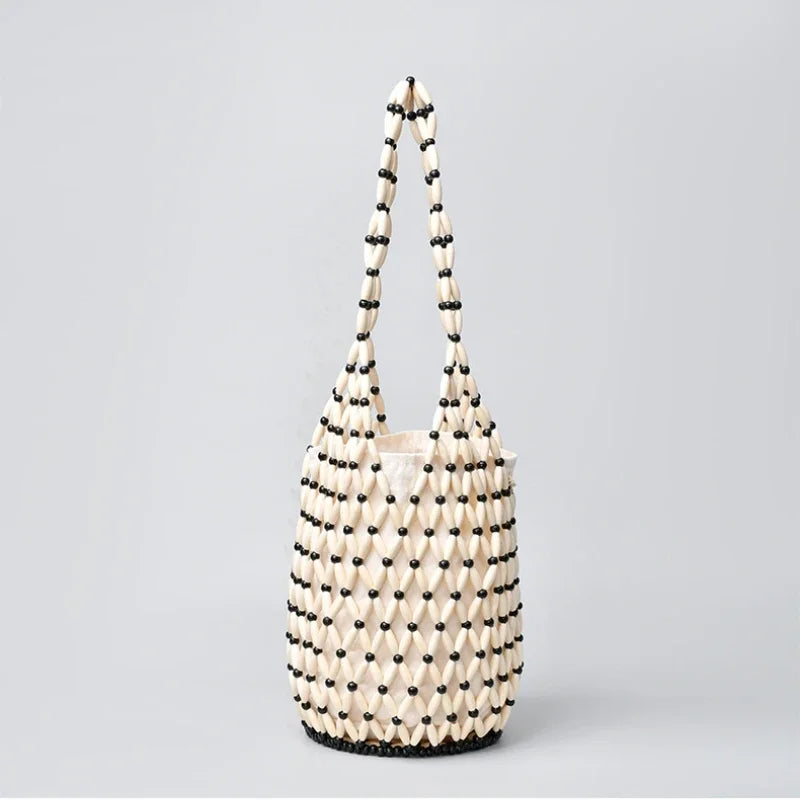 Summer Boho Style Hollow Out Woven Bag for Women Fashion Wooden Beads Shoulder Bag Seaside Holiday Mesh Bucket Tote Bags Bolsa