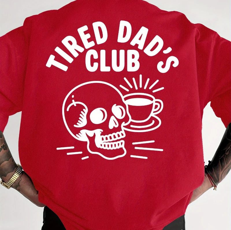 Men's Fun Pattern T-shirt - "Exhausted Dad Club" Back Printed Coffee Cup Skull Design - White Cotton Short Sleeved Shirt