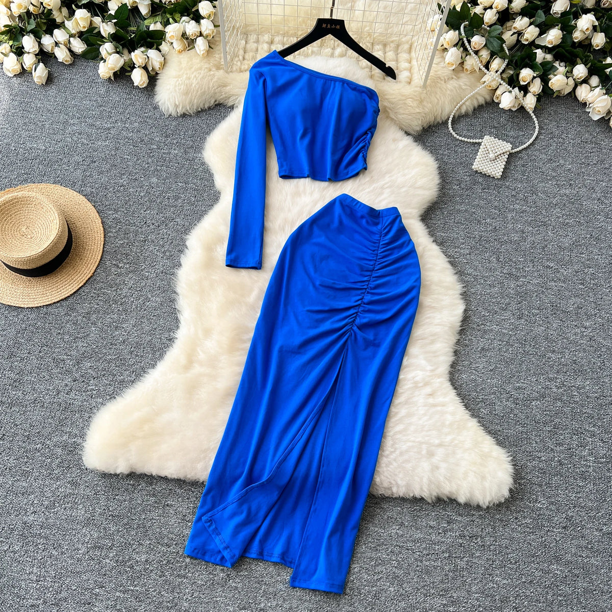 Chic Two-piece Sets One Shoulder Long Sleeve Diagonal Collar Blouse Basics High Waist Split Skirt High Street Vintage Clothing