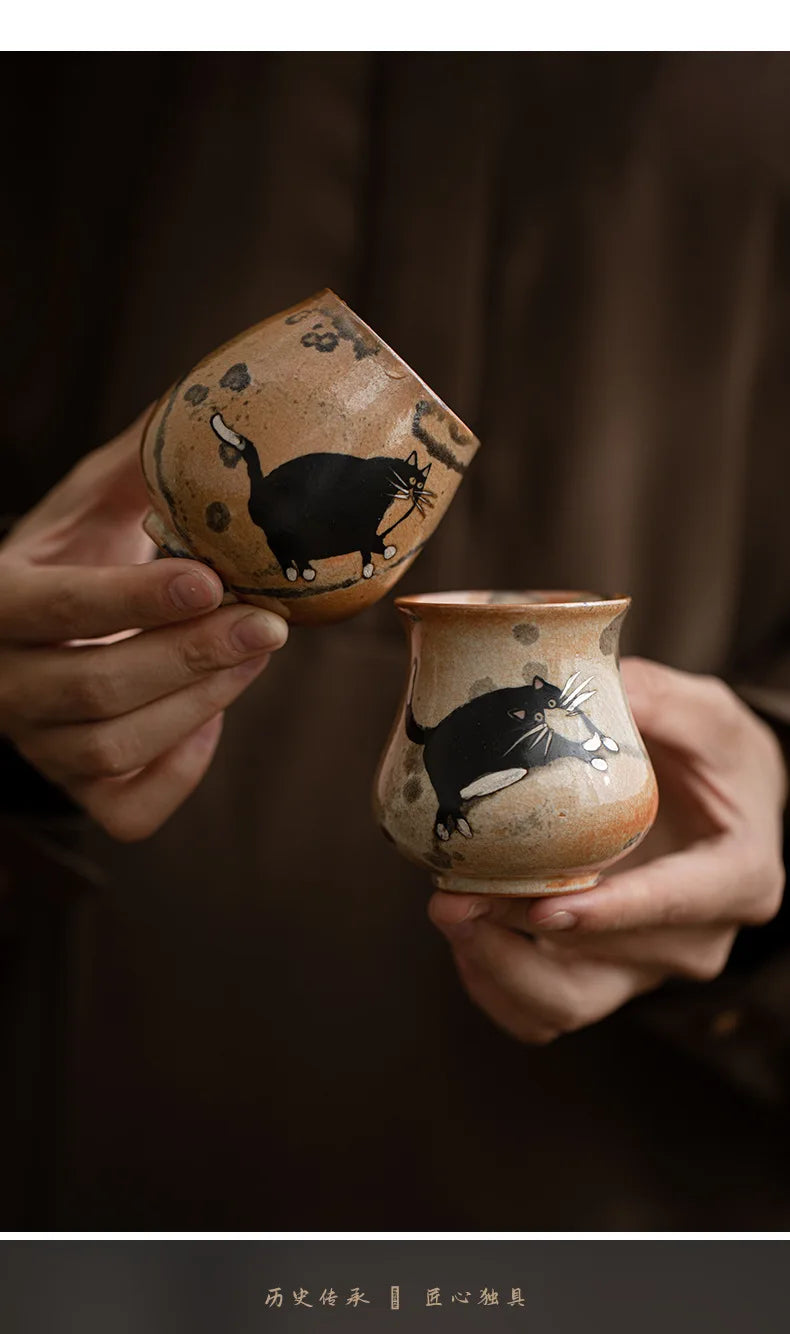 Japanese Imitation Wood-fired Porcelain Teacup Retro Zhiye Cat Ceramic Tea Bowl Household Large Single Master Mug Kung Fu Teaset