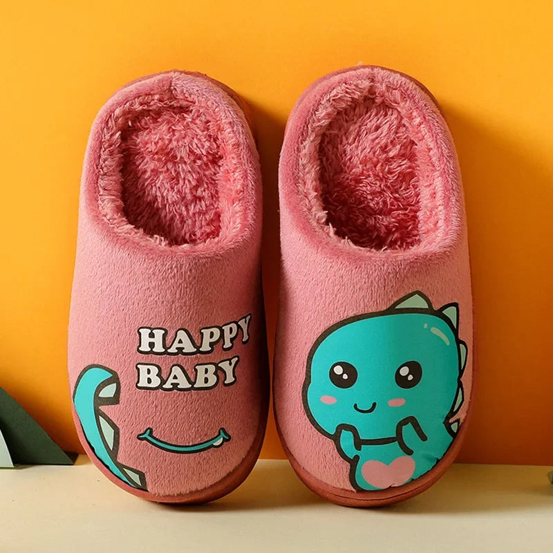 Cartoon Dinosaur Winter Warm Slippers for Kids Boys Girls Non-slip Thickness Soft Soled Slippers for Children Home Plush Shoes