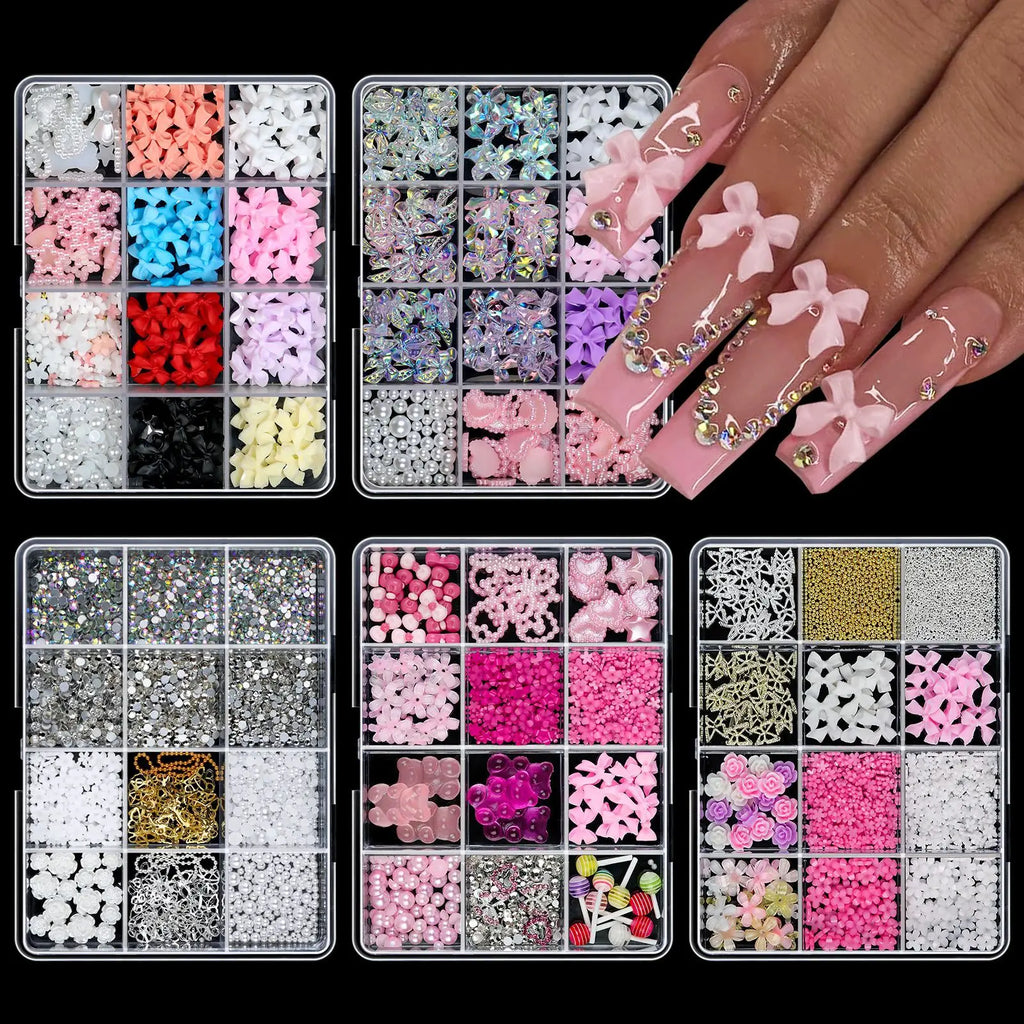 12Grids Mixed Resin Bowknot Nail Art Decorations 3D Aurora Ribbon Bow AB Rhinestones Pearl Flowers Nail Charms DIY Manicure Part