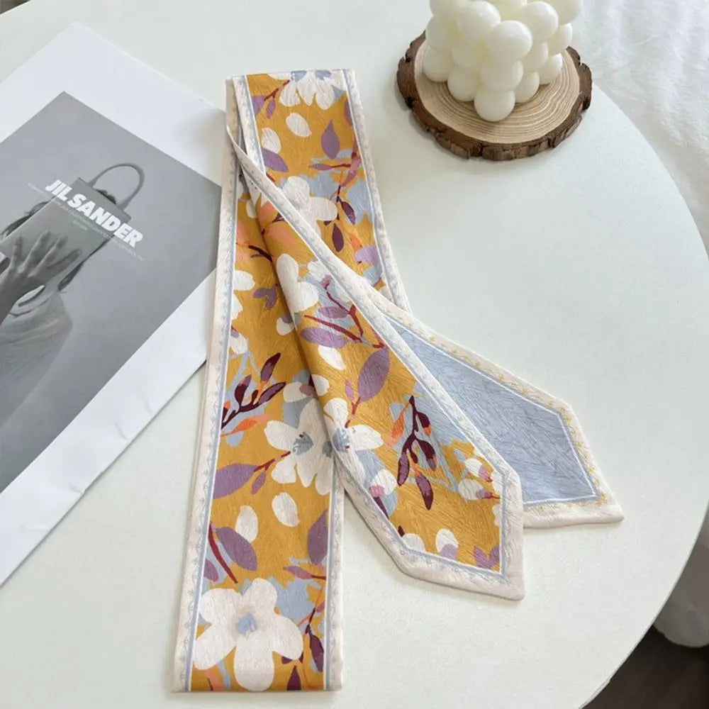 Summer Versatile Satin Silk Ribbon Scarf Fresh Floral Narrow Hair Tie Long Thin Fashion Accessory for Women Bag Strap
