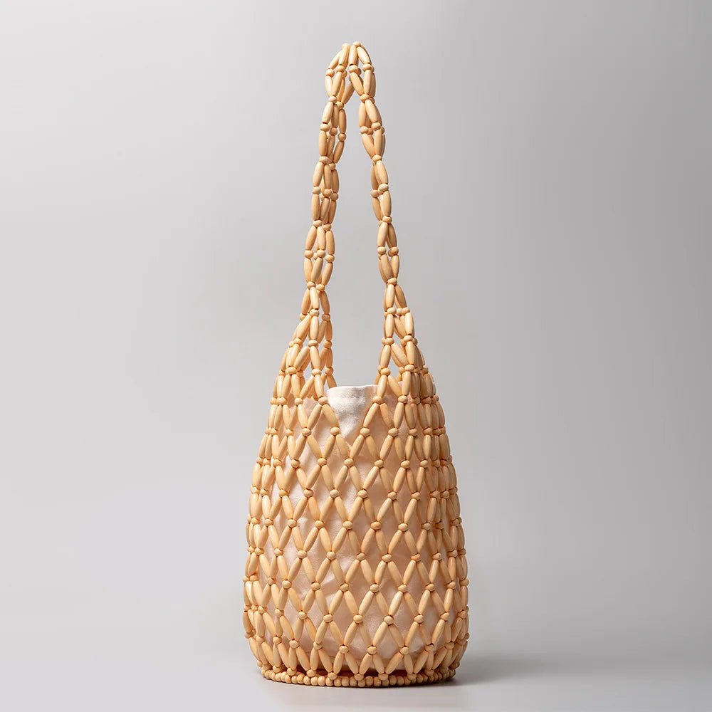 Summer Boho Style Hollow Out Woven Bag for Women Fashion Wooden Beads Shoulder Bag Seaside Holiday Mesh Bucket Tote Bags Bolsa