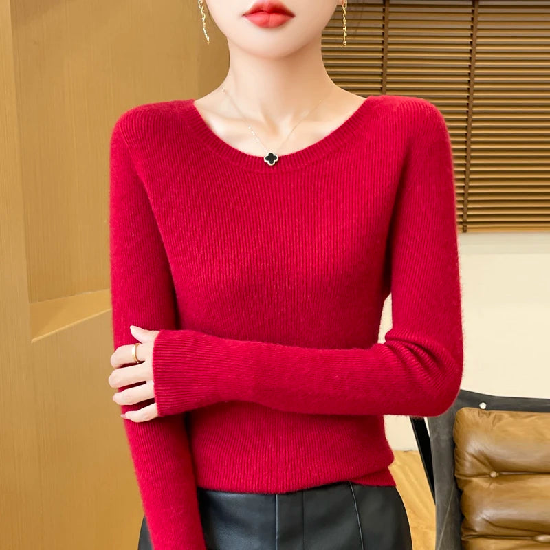 Early Fall New Crew-Neck Sweater Elegant High Elastic Simple Solid Color Thin Knit Crew-Neck Sweater Long Sleeve-GH458