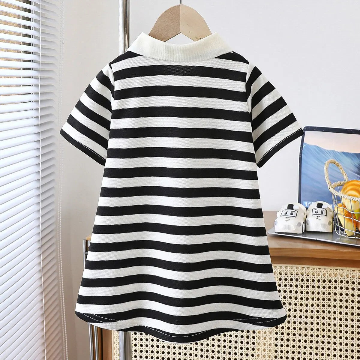 2025 New Children's Dress Girls' Summer Korean Edition Fashion Casual Striped Collar Short sleeved Dress1-10Y